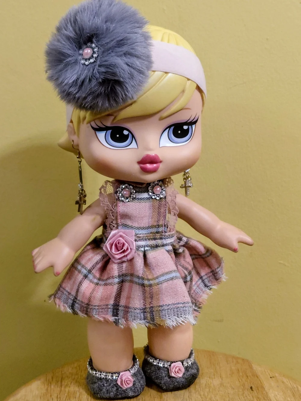 Stylish Pink Plaid Fashion Doll with Floral Accents
